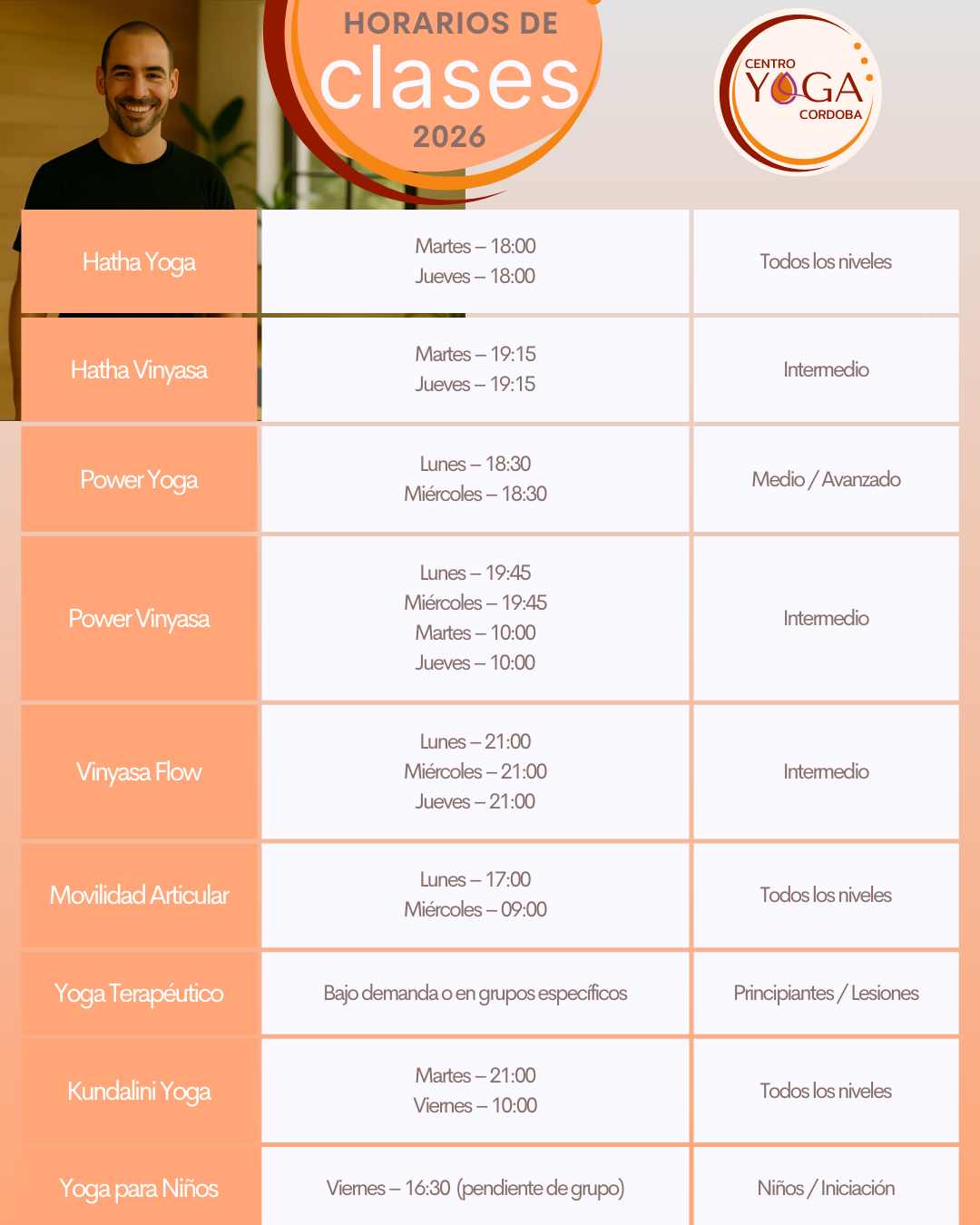 Horario de clases 2026 Centro Yoga Cordoba